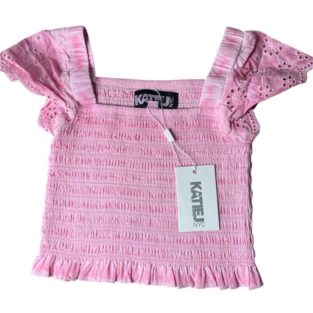 Katie J NYC Pink Smocked Blouse with Ruffle Sleeves